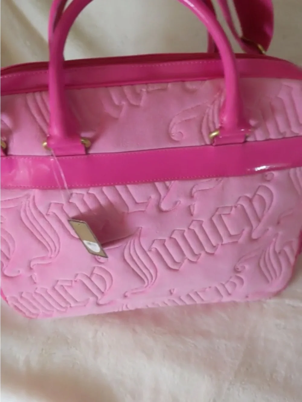 Y2k Juicy Couture Hot Pink Embossed Laptop Bag with Gold Hardware